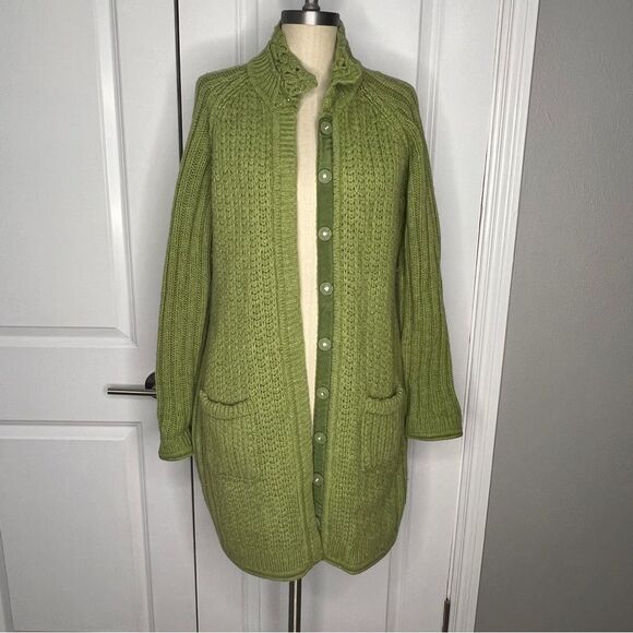 Sundance Long Button Front Chunky Knit Cardigan Green Size Small Petite Wool - Picture 1 of 6